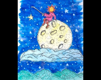 Cosmic Fantasy Ink Watercolor Original Painting, Unframed, Star Fishin' , Enchanted Dreams Book Moon Sun Stars Illustration story included