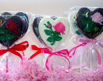 Large Chocolate  Heart and Rose Lollipops weddings showers birthday