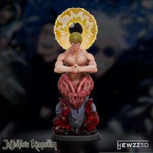 May include: A figurine of a shirtless character with blonde hair and white eyes, positioned with hands pressed together. Behind the head is a yellow circular energy effect. The lower body is encased in a textured red and grey base with dark red flames.