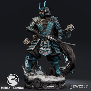 May include: A detailed figurine of a samurai warrior wearing black and teal armor with a matching helmet. The figure holds a katana and stands on a circular base featuring the Mortal Kombat dragon logo. White cherry blossoms and ice accents surround the base.