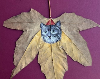 Retrato personalizado do seu animal de estimação em folha de verdade, arte botânica pintada à mão, lembrança da natureza.