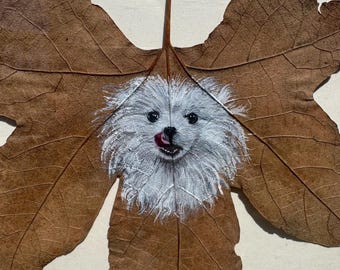 Ritratto personalizzato del tuo animale domestico su vera foglia, arte botanica dipinta a mano, ricordo della natura.
