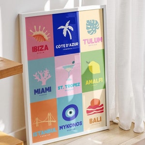 10 Preppy Room Decor Travel Poster Bundle Set, Wall Collage Set, Aesthetic Decor, Trendy Boho Dorm Room Prints, Bali Ibiza Mykonos Amalfi