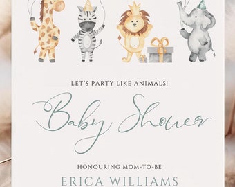 Safari Baby Shower Invitation, Jungle Animals, Editable Canva Template (Instant Download)