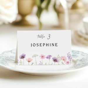 Modèle de cartes de visite aquarelle fleurs sauvages, marque-places imprimables, carte de visite de mariage, mariage bohème de fleurs sauvages, cartes de visite florales