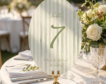 Groen gestreept ovaal tabelnummersjabloon bruiloft tafelbord bewerkbaar canvas moderne afdrukbare tabelnummers bruiloftsdecor, gestreepte kaart, HANNE
