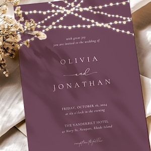 Maroon Minimalist String Lights Wedding Invitation, Floral String of Lights Save The Date Invitation, Digital Romantic Invites, Digital DL
