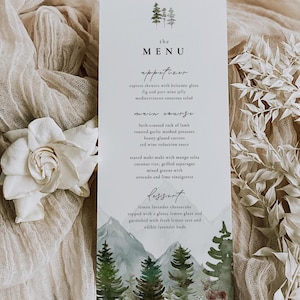 Woodland, Mountain Wedding Menu Template, Woodland Forest Pine Reception Menu Cards, Rustic Sage Green Dinner Menu, Printable, Editable