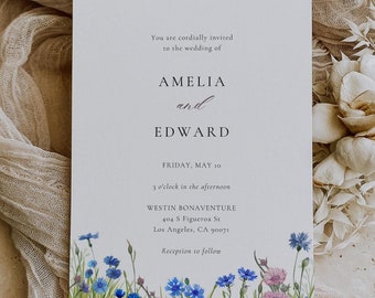 Cornflowers, Wildflower Wedding Invitation Template, Wildflower Wedding Invite Set, Printable Wedding Invitation Template Suite