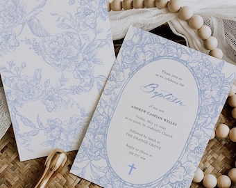 Sjabloon voor een doopuitnodiging in blauwe bloemen- en chinoiseriestijl (direct te downloaden, bewerkbaar, printbaar in 5x7" PDF- en JPEG-formaat)