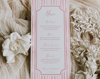 Dusty Rose Striped Menu, Dusty Rose Stripe Menu Template, Classic Elegant Wedding, Watercolor Editable Printable DIY, Pink Stripe Menu