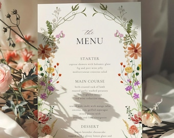Wildflower Menu Template, Garden party bridal shower menu, Boho flowers event menu, Wedding menu, Boho Modern Floral | NELLY