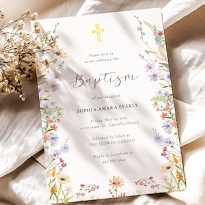 Floral Baptism Invitation Template, Instant Download, Printable Baptism Invite, Editable Invitation, Wildflower Baptism, Baptism Invitation