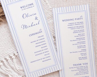 Vorlage für ein blau gestreiftes Hochzeitsprogramm, bearbeitbarer Ablaufplan für die Zeremonie (Sofort-Download)