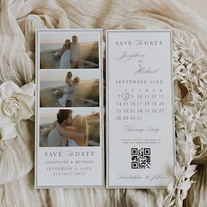 May include: Elegant wedding save-the-date cards. One card features three photos of a couple, the other a calendar with the wedding date highlighted. The cards are white with black text and a floral design.