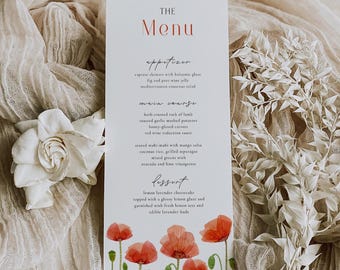 Menú de boda con diseño de amapolas, elegante tarjeta floral en acuarela impresa.