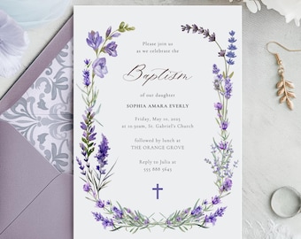 Sjabloon voor een doopuitnodiging met lavendel en wilde bloemen (direct te downloaden)