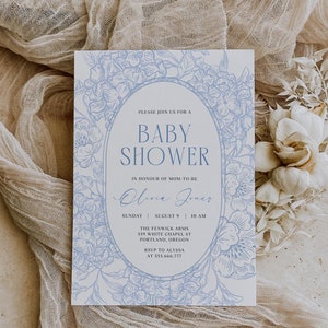 Toile de Jouy Baby Shower Invitation Blue Floral Baby Shower Baby shower invitation Blue Toile