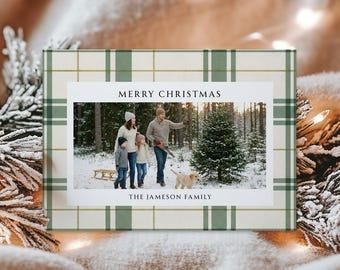 Plaid Christmas Card with Photo, Green Christmas Card Canva Template, Green Plaid Happy Holidays Photo Card, Classic Christmas Card
