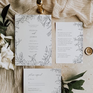 Handgezeichnete Elegante Blumen & Wimpel Hochzeitseinladung Bearbeitbare Canva Vorlage | Schwarz-weißer Vintage-Cottage-Core zum Selbermachen