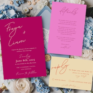 Magenta Wedding Invitation Template, Hot Pink, Orange, Editable (Instant Download)