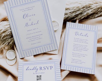 Blue Striped Wedding Invitation Suite, Watercolor Design (Canva Template)