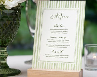 Groen gestreept trouwmenu-sjabloon, elegant en printbaar doe-het-zelf (5x7" PDF, JPEG-formaat)