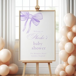 EDITABLE Purple Bow Baby Shower Welcome Sign, Baby Shower Sign, Watercolor Ribbon Minimalist 1st Birthday Digital Template, Pastel Purple