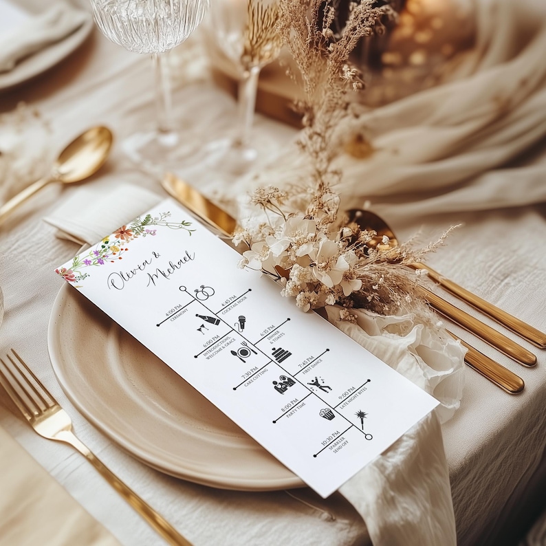 May include: A wedding timeline card with floral accents and the names "Olivia & Michael" printed at the top. The card features a detailed schedule with icons and times, placed on a beige plate with gold cutlery.