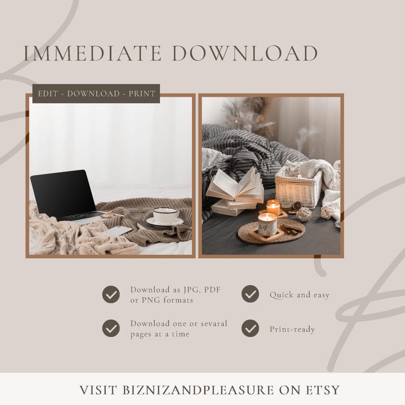 May include: A digital download advertisement with two lifestyle images. One shows a laptop, coffee cup, and blanket. The other shows books, candles, and a basket. Text includes "IMMEDIATE DOWNLOAD" and "EDIT - DOWNLOAD - PRINT."