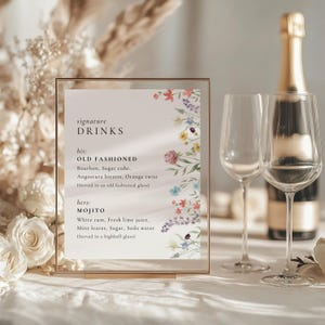 Letrero de bebidas exclusivas de flores silvestres, letrero de bebidas imprimible, menú de bar editable, menú de bebidas exclusivas, menú de cócteles, boda en jardín floral NELLY