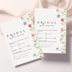 May include: Two white cards with floral borders and black text announcing a bridal shower for Emma Jones. The top card says "BRIDAL SHOWER" and the bottom card says "PLEASE JOIN US FOR A BRIDAL SHOWER HONORING EMMA JONES". Both cards include the date, time, and location of the event.