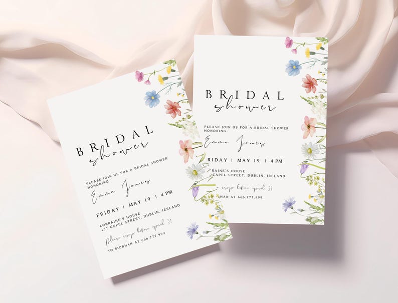 May include: Two white cards with floral borders and black text announcing a bridal shower for Emma Jones. The top card says "BRIDAL SHOWER" and the bottom card says "PLEASE JOIN US FOR A BRIDAL SHOWER HONORING EMMA JONES". Both cards include the date, time, and location of the event.