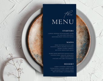 Navy Blue Wedding Dinner Menu Cards Editable Template, Boho Blue Drinks Menu, Printable Wedding Menu, Modern Blue Table Menu, Edit in Canva