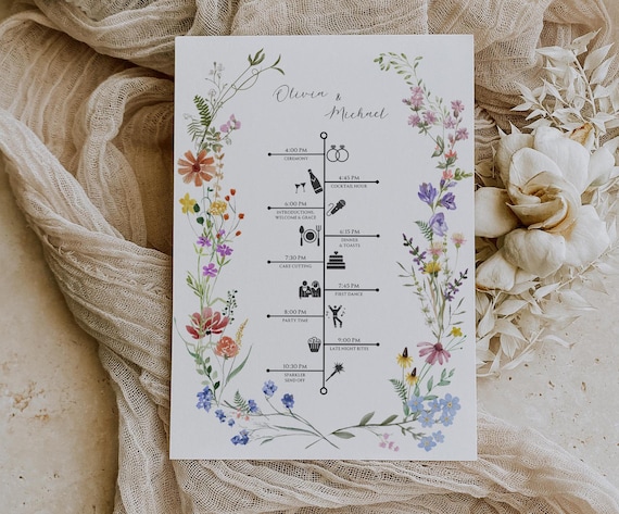 Two Wildflower Wedding Timeline, Wedding Timeline Card, Wedding Weekend Itinerary, Instant Download, Order of Events, Wildflowers, NELLY
