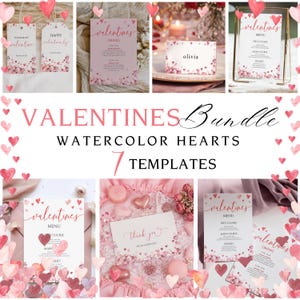 Valentines Bundle, Valentine's Day, Printable Dinner Menu, Valentine Dinner Party Menu with hearts, Red and Pink Menu, Place Card, Thank You