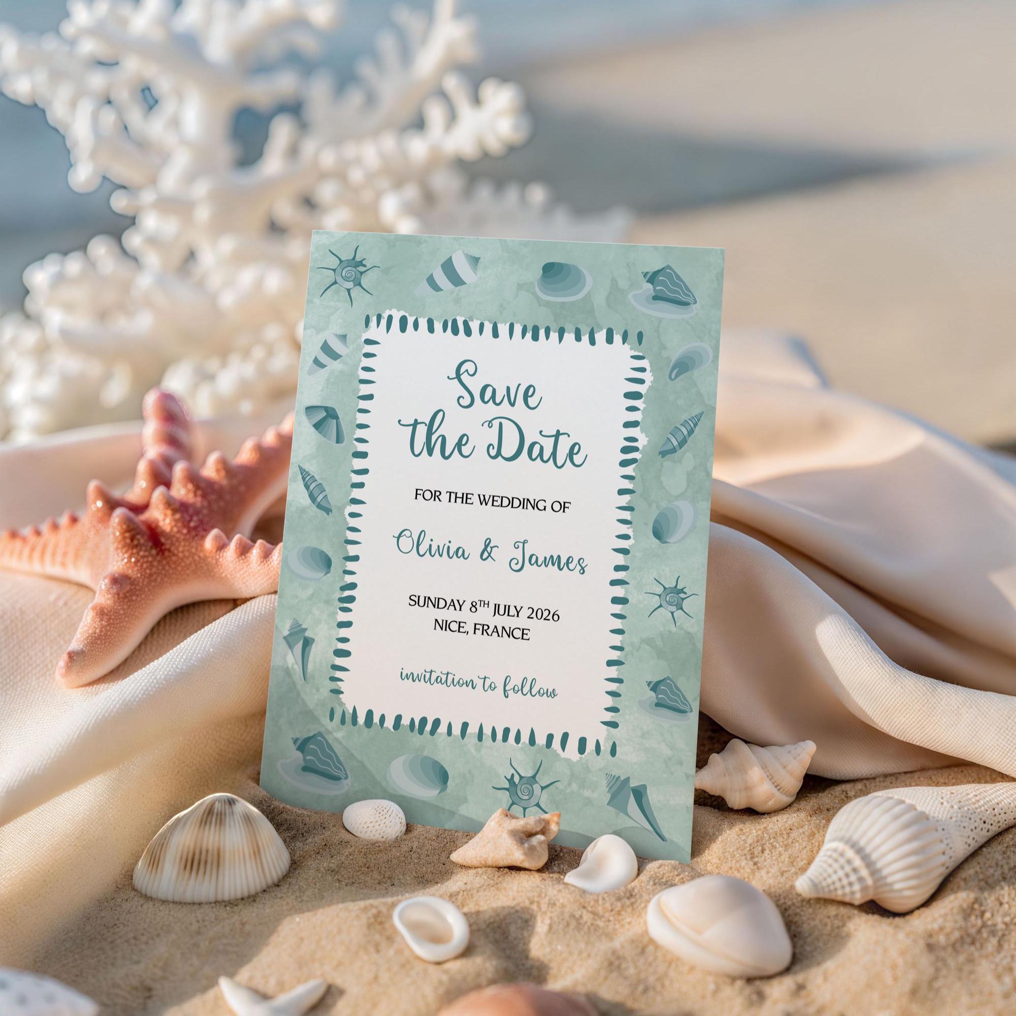 Watercolor Beach Save the Date: Seashell Starfish Wedding