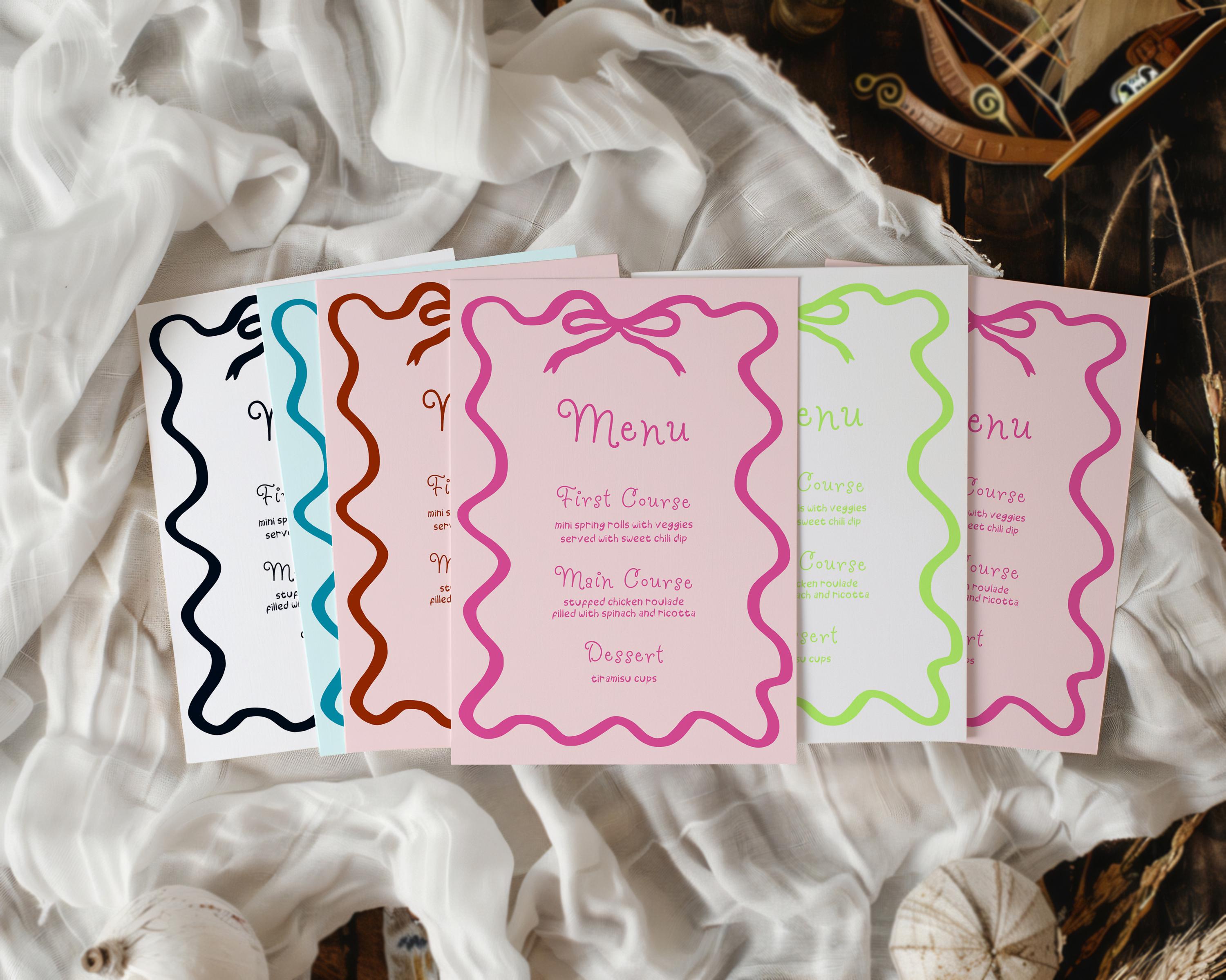 Curvy Bow Menu Template, Hand Drawn, Wedding/bridal Shower Menu ...