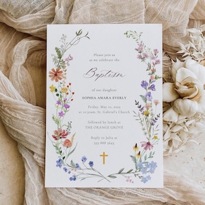 Plantilla de invitación de bautizo con flores silvestres / Invitación de bautizo con flores silvestres / Cruz religiosa / Invitación floral NELLY