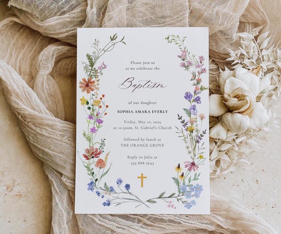 Wildflower Baptism Invitation Template | Wildflowers Christening Invitation | Religious Cross | Floral Invitation NELLY