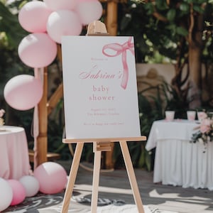Pink Bow Baby Shower Welcome Sign, Pink Coquette Baby Shower Welcome Poster, Pastel Pink Ribbon Welcome Sign, Girl Baby Shower Sign