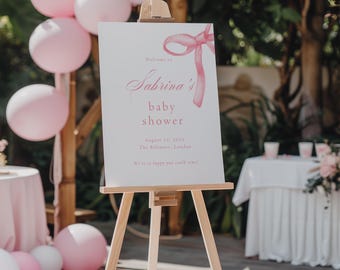 Willkommensschild für die Babyparty mit rosa Schleife, Schild für Mädchen in Pastellfarben (Digitaler Download)
