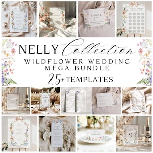 Wildblumen Hochzeit Einladung Vorlage | Druckbares Boho Blumen Bundle | Elegantes Kranz-Design für Rustikale Hochzeiten | Wildblumen-Bündel, NELLY