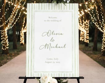 Green Striped Wedding Welcome Sign Template, Green Elegant Welcome Poster, Editable Canva Sign, Printable Destination Wedding Decor, HANNE
