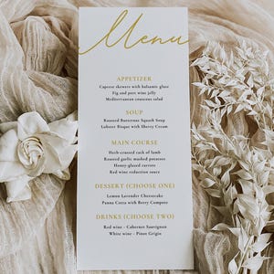 Editable Gold Menu Card Template, Wedding Dinner Menu Gold, Printable Menu, Wedding/Bridal Shower Menu, Modern Event Menu, Instant Download