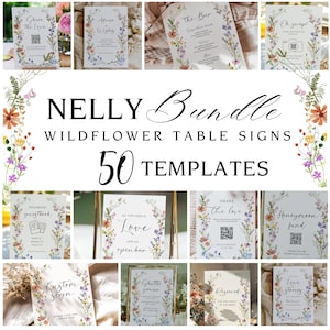 Paquete de plantillas de letreros de mesa para bodas con flores silvestres, Paquete de letreros de flores silvestres en tonos pastel, Paquete de letreros para recepción de bodas, Paquete de letreros para bodas, NELLY