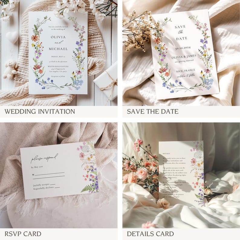 K&ouml;nnte beinhalten: Vier Karten mit floralen Designs und Text. Die erste Karte ist eine Hochzeitseinladung mit dem Text "Save the date" und den Namen "Olivia und Michael". Die zweite Karte ist eine Save-the-Date-Karte mit dem Text "Save the date" und den Namen "Olivia & James". Die dritte Karte ist eine RSVP-Karte mit dem Text "Bitte antworten Sie bis zum 20. Mai 2014". Die vierte Karte ist eine Detailkarte mit dem Text "Wir freuen uns sehr, diesen besonderen Tag mit Ihnen zu teilen".