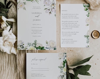 May include: Wedding invitation suite with white floral designs and green foliage. The invitation card features the names "Sandra and James" and the date "Friday, May 1st". The details card includes information about the ceremony and reception. The RSVP card has a section for guests to indicate their attendance.