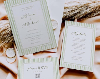 Grün gestreifte Hochzeitseinladung Vorlage Set, bearbeitbare Antwortkarte & Detailkarte, Aquarell-Einladungsset, elegantes klassisches druckbares, HANNE
