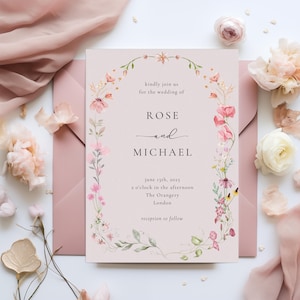 Wildflower Wedding Invitation Template, Printable Wedding Invitation, Wedding Invitation, Pastel Wildflower Invitation, Pink Wedding, Wreath